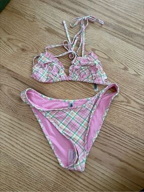 Frankie's Bikinis Pink Plaid Ruffle Triangle Bikini
